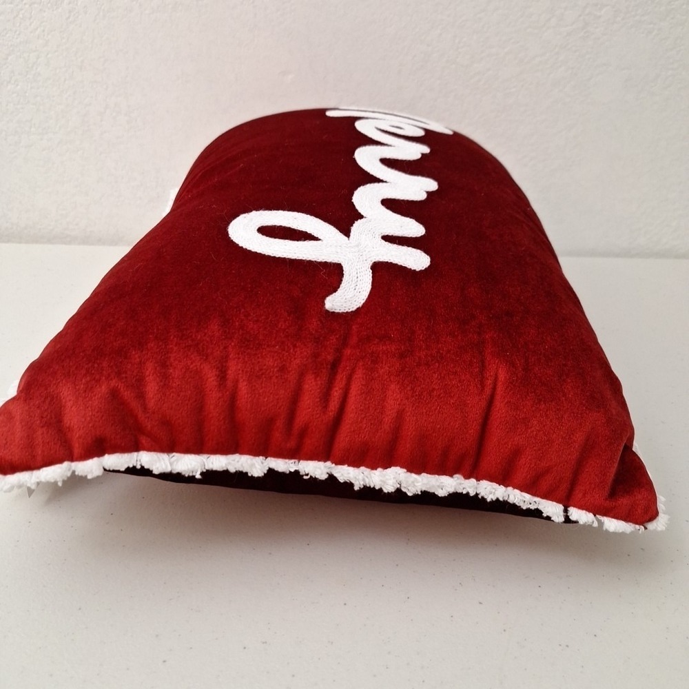 Silky Red Velvet Merry Christmas Pillow Stitched Script w/ Fringe 18" x 14" - Picture 11 of 11